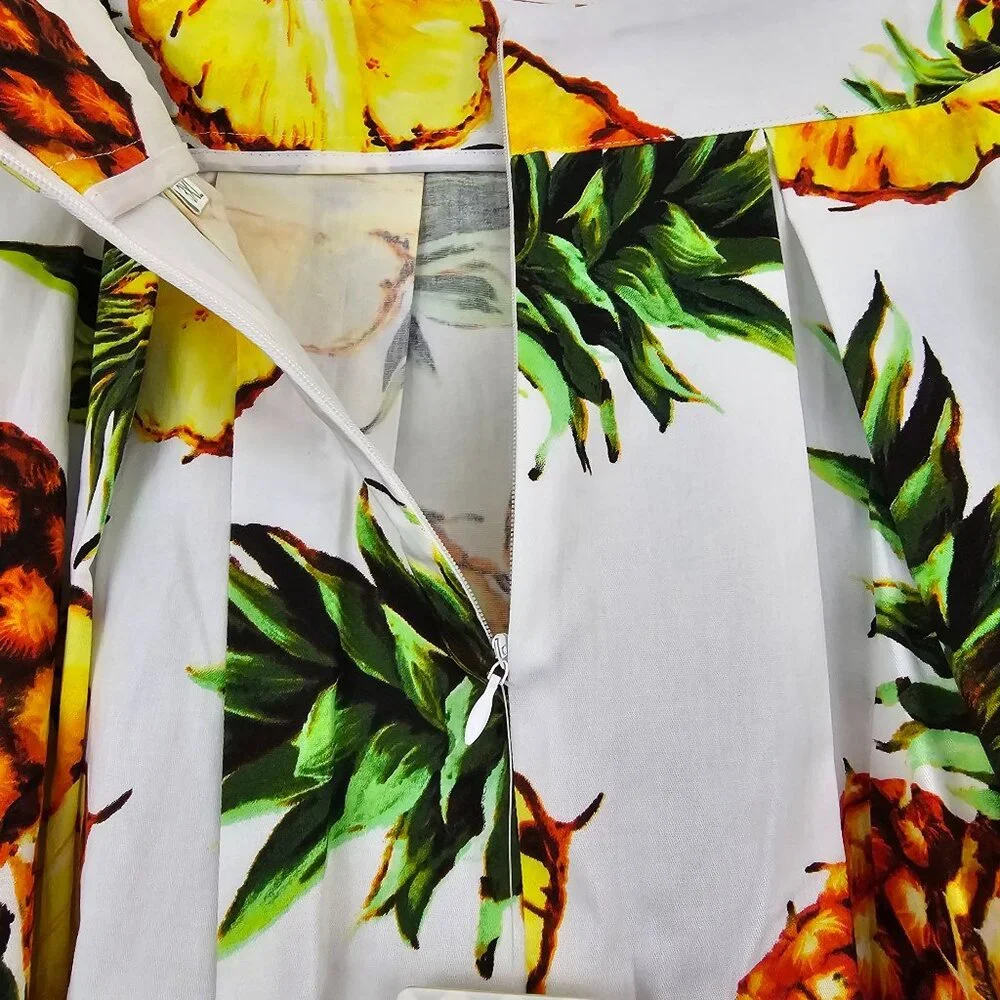 Womens Sz 3X Tropical Pineapple Print Pleated Swing Skirt Cotton Blend Retro NWT
